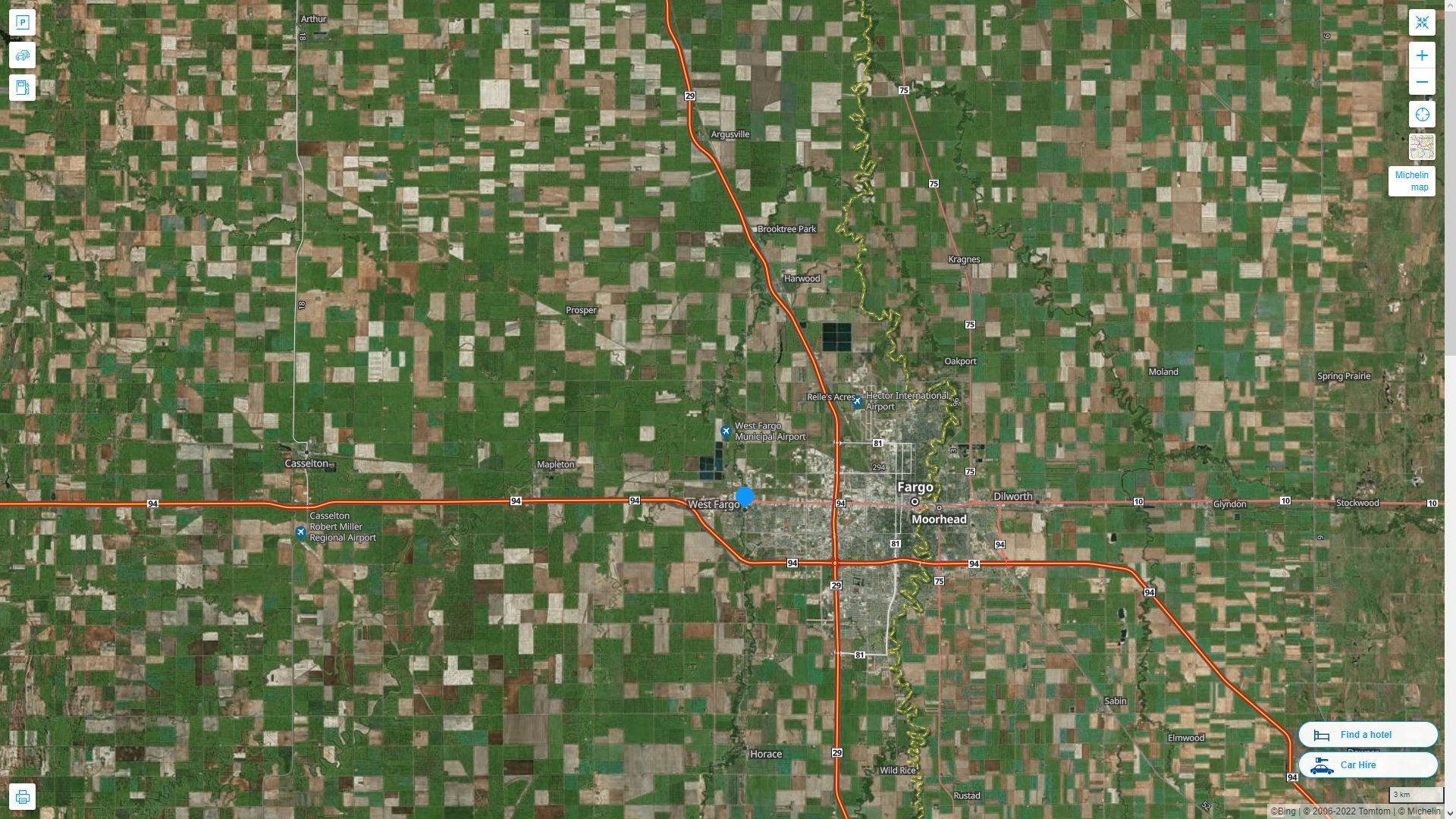 West Fargo North Dakota Highway and Road Map with Satellite View